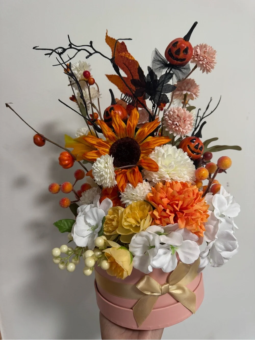 Autumn Pumpkin & Sunflower Arrangement - Orange, White, Cream